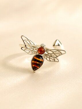 Bee Ring with Baltic Amber and Sterling Silver